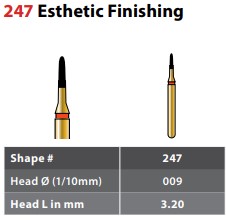 97-R247F009FG FG #247.009 Fine Grit, Esthetic Trimming Bullet Diamond Bur. Package of 5 Burs.