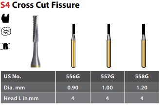 97-R40557GC FG #557 Straight Cross Cut Fissure Carbide Bur, Package of 100 burs.