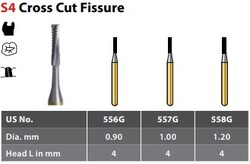 FG #557 Straight Cross Cut Fissure Carbide Bur, Package of 100 burs.