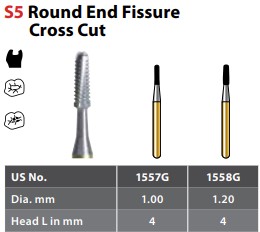 97-R41557GSS FG #1557G SS short shank Round End Cross Cut Fissure Carbide Bur, Package of 10 Burs.