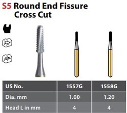 FG #1557G SS short shank Round End Cross Cut Fissure Carbide Bur, Package of 10 Burs.