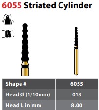 97-R6055SC018FG FG #6055.018 SuperCoarse Grit, Striated Cylinder Diamond Bur. Package of 5 Burs.
