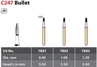 97-R707801 FG #7801 - 12 Flute Bullet Shaped OS2 Trimming & Finishing Carbide Bur, Pack of 5 Burs