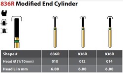 FG #836R.010 Coarse Grit, Modified End Cylinder Diamond Bur, Package of 5 Burs.