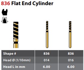 97-R836TC014FG FG #836.014 Supercoarse Grit, Flat End Cylinder Turbo Cut Diamond Bur. Package of 5 Burs.