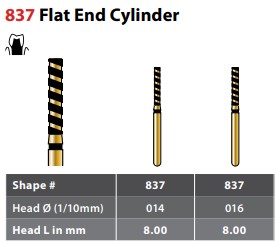 97-R837TC016FG FG #837.016 Supercoarse Grit, Flat End Cylinder Turbo Cut Diamond Bur. Package of 5 Burs.