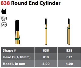 97-R838C010FG FG #838.010 Coarse Grit, Round End Cylinder Diamond Bur. Package of 5 Burs.