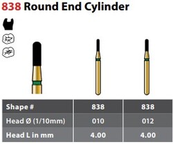 FG #838.012 Coarse Grit, Round End Cylinder Diamond Bur. Package of 5 Burs.