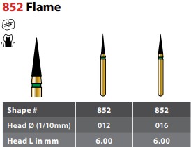 97-R852EF016FG FG #852.016 Extra Fine Grit, Flame Shaped Diamond Bur. Package of 5 Burs.