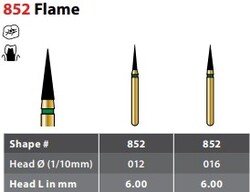 FG #852.012 Coarse Grit, Flame Shaped Diamond Bur. Package of 5 Burs.