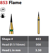 97-R853C008FG FG #853.008 Coarse Grit, Flame Shaped Diamond Bur. Package of 5 Burs.