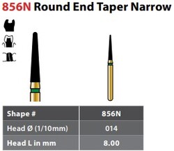 FG #856N.014 Coarse Grit, Narrow Round End Taper Diamond Bur. Package of 5 Burs.
