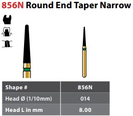 97-R856NSC014FG FG #856N.014 Super Coarse Grit, Narrow Round End Taper Diamond Bur. Package of 5 Burs.