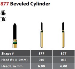 FG #877.012 Coarse Grit, Beveled Cylinder Diamond Bur. Package of 5 Burs.