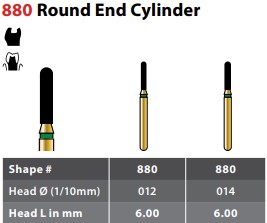 97-R880C012FG FG #880.012 Coarse Grit, Round End Cylinder Diamond Bur. Package of 5 Burs.