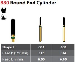 FG #880.012 Coarse Grit, Round End Cylinder Diamond Bur. Package of 5 Burs.