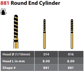 97-R881TC016FG FG #881.016 Supercoarse Grit, Round End Cylinder Turbo Cut Diamond Bur. Package of 5 Burs.