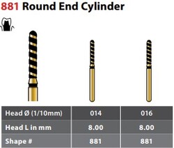 FG #881.016 Supercoarse Grit, Round End Cylinder Turbo Cut Diamond Bur. Package of 5 Burs.