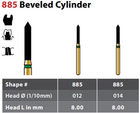 97-R885F012FG FG #885.012 Fine Grit, Beveled Cylinder Diamond Bur. Package of 5 Burs.