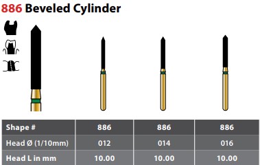 97-R886F012FG FG #886.012 Fine Grit, Beveled Cylinder Diamond Bur. Package of 5 Burs.