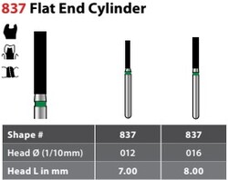 FG #837.012 Coarse Grit, Flat End Cylinder, Single Use Diamond Bur. Package of 25 Burs.