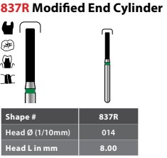 97-X837RF014 FG #837R.014 Fine Grit, Modified Flat End Cylinder, Single Use Diamond Bur. Package of 25 Burs.