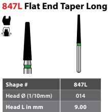 97-X847LC014 FG #847L.014 Coarse Grit, Flat-End Taper, Single Use Diamond Bur. Package of 25 Burs.