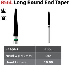 97-X856LF018 FG #856L.018 Fine Grit, Round End Taper, Single Use Diamond Bur. Package of 25 Burs.