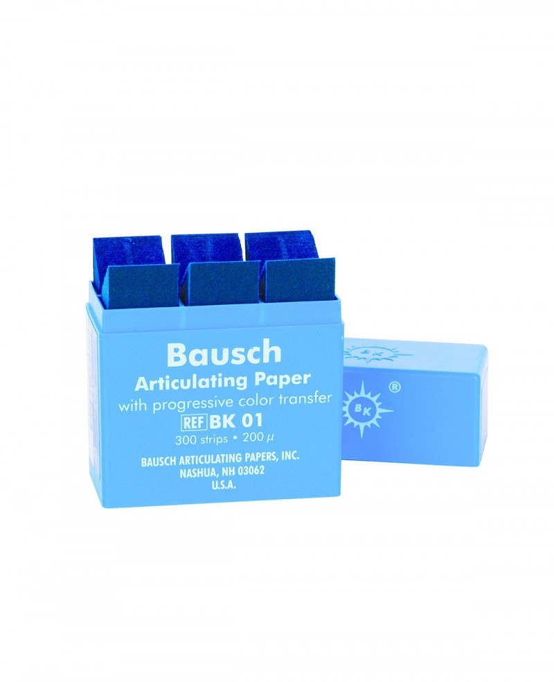 190-BK-01 Bausch articulating paper 300 Blue pre-cut strips in plastic dispenser