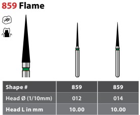97-X859EF014 FG #859.014 Extra Fine Grit, Pointed Cone Shaped, Single Use Diamond Bur. Package of 25 Burs.