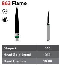 FG #863.012 Fine Grit, Flame Shaped, Single Use Diamond Bur. Package of 25 Burs.