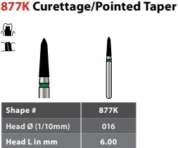 97-X877KC016S FG #877K.016 SS Short Shank Coarse Grit, Curettage/Pointed Taper Single Use Diamond Bur. Package of 25 Burs.