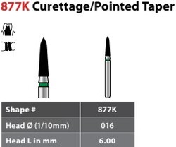 FG #877K.016 SS Short Shank Coarse Grit, Curettage/Pointed Taper Single Use Diamond Bur. Package of 25 Burs.