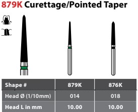 97-X879KSC018 FG #879K.018 Super Coarse Grit, Curettage/Pointed Taper Shaped Single Use Diamond Bur. Package of 25 Burs.