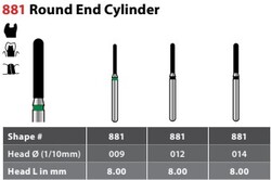 FG #881.012 Super Coarse Grit, Round End Cylinder, Single Use Diamond Bur. Package of 25 Burs.