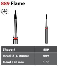 97-X889F009 FG #889.009 Fine Grit, Flame Shaped, Single Use Diamond Bur. Package of 25 Burs.