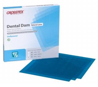 116-19100 5 x 5 Medium, Blue Unflavored Latex Dental Dam. Box of 52 sheets.