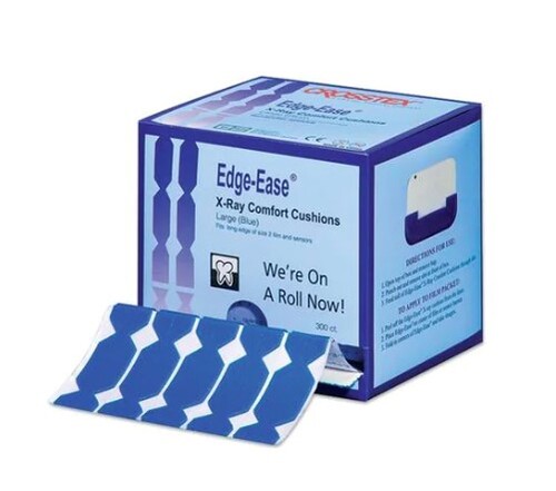 116-BWEEB Edge-Ease X-ray Cushion - Large, Blue. Adheres to all traditional film, phosphor plates and digital sensor barrier sleeves softening the edges for opt