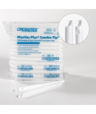 116-ZET Plastic High Volume Evacuation Tips, White. One End Vented, one End Solid. Unique S tip design with NO sharp edges for maximum patient comfort. Ba