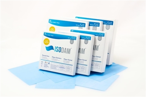 IsoDam 6" x 6" Medium Blue Latex Free Dental Dam, 75/bx