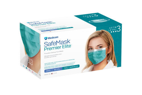 16-2043 Medicom Safe+Mask Premier Elite Earloop Mask, Teal, Level 3, 50/bx