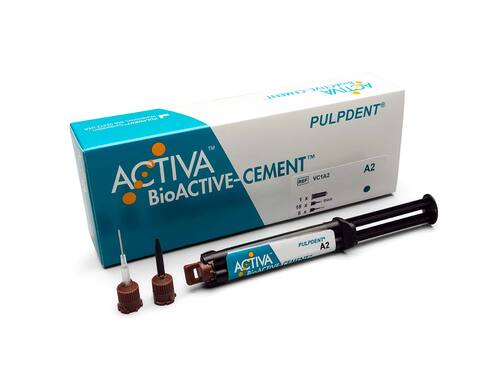96-VC1A2 BioACTIVE cement Single Pack: 5mL/7gm syringe, A2 Opaque Shade, + 20 automix tips (15 straight black + 5 with bendable metal cannula)