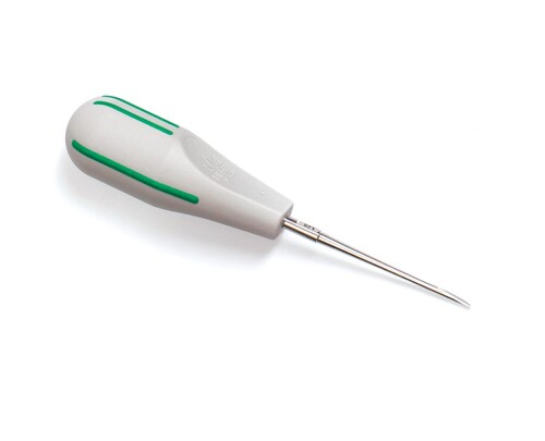 76-506352 2 mm Straight Blade Luxator, Dark Green Stripes. Indicated for Apical and /or Interproximal, Luxator Instruments are used by cutting and rocking inste