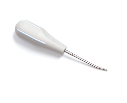 76-506354 3 mm Inverted Curved Blade Luxator, Light Blue Stripes. Indicated for General use Lingual and/or Distal, Luxator Instruments are used by cutting and r