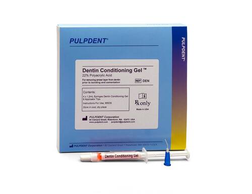 96-DEN Pulpdent Dentin Conditioning Gel Kit Contains: 4 x 1.2mL Syringes + 8 Pre-Bent Applicator Tips