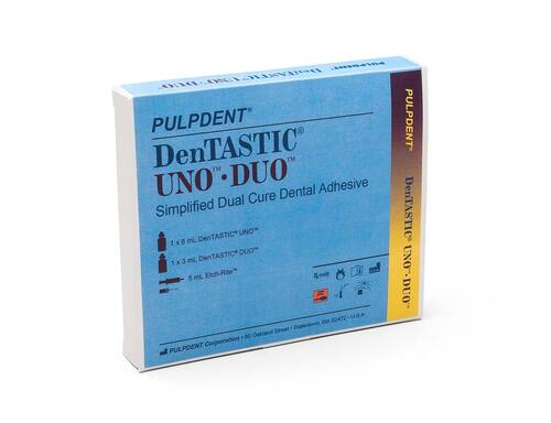 96-UNDO DenTastic UNO DUO Dual Cure Adhesive Kit Contains: 6mL UNO, 3mL DUO, 5mL Etch Gel, 20 Applicator Tips, 50 Brush Tips, Brush Handle