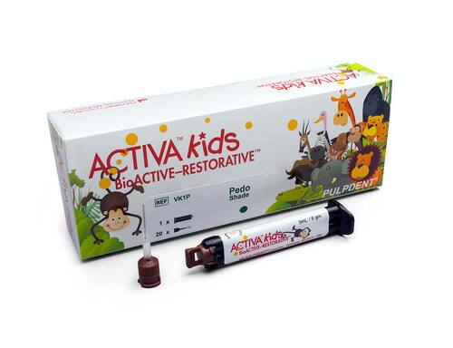 96-VK1P Activa Kids BioACTIVE Restorative Single Refill Contains: 1 -5mL syringe Pedo Shade (Opaque, Light B shade) + 20 automix tips w/bendable 20g metal can