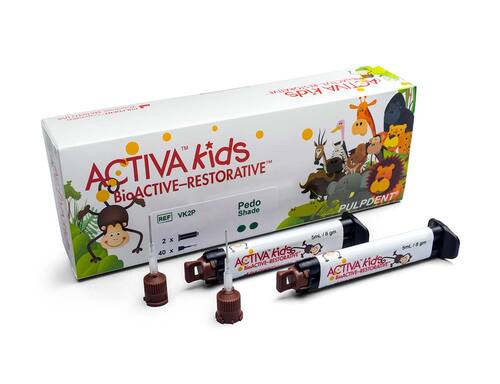 96-VK2P Activa Kids BioACTIVE Restorative Value Refill Contains: 2 x 5mL syringes Pedo Shade (Opaque, Light B shade) + 40 automix tips w/bendable 20g metal ca