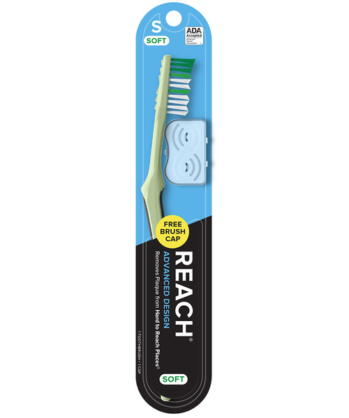 216-007212 REACH Advanced Design Toothbrush - Adult Soft Full 72/Pk. Raised rubber ridges on handle (assorted colors on white) for better control, tapered head,