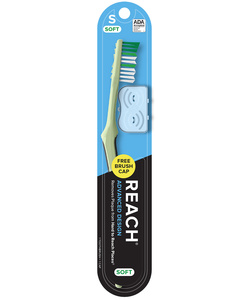 REACH Advanced Design Toothbrush - Adult Soft Full 72/Pk. Raised rubber ridges on handle (assorted colors on white) for better control, tapered head,